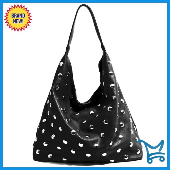 Handbags - Studded Vegan Leather Hobo Shoulder Bag Tote Purse Large Capacity